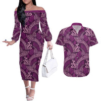 Royal Purple Monstera Couples Matching Off The Shoulder Long Sleeve Dress and Hawaiian Shirt Polynesian Tribal Pattern LT01 Purple - Polynesian Pride