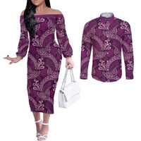 Royal Purple Monstera Couples Matching Off The Shoulder Long Sleeve Dress and Long Sleeve Button Shirt Polynesian Tribal Pattern LT01 Purple - Polynesian Pride