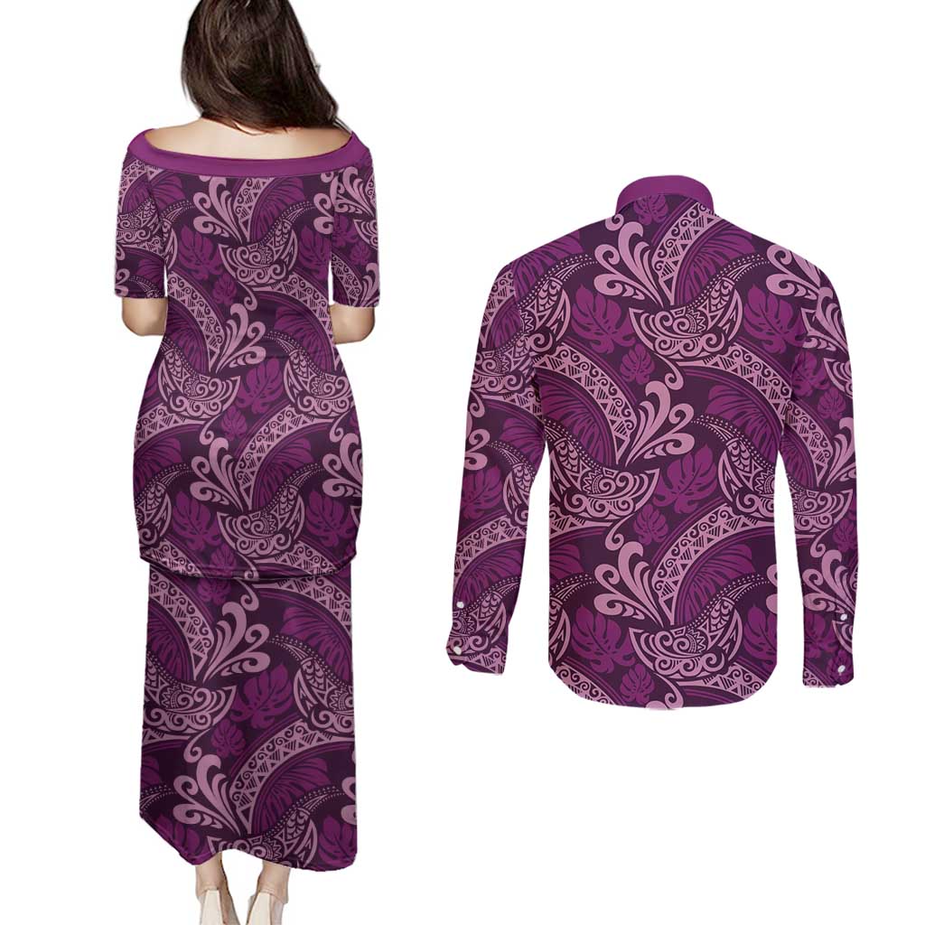 Royal Purple Monstera Couples Matching Puletasi and Long Sleeve Button Shirt Polynesian Tribal Pattern LT01 - Polynesian Pride