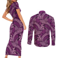 Royal Purple Monstera Couples Matching Short Sleeve Bodycon Dress and Long Sleeve Button Shirt Polynesian Tribal Pattern LT01 - Polynesian Pride