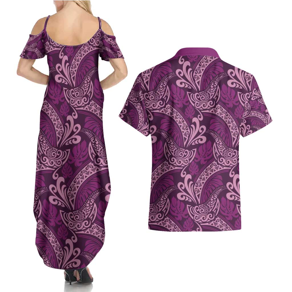 Royal Purple Monstera Couples Matching Summer Maxi Dress and Hawaiian Shirt Polynesian Tribal Pattern LT01 - Polynesian Pride