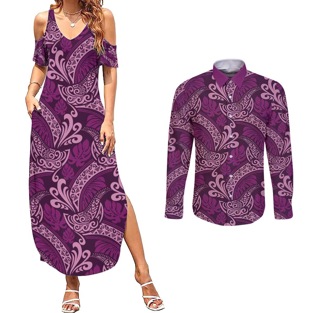 Royal Purple Monstera Couples Matching Summer Maxi Dress and Long Sleeve Button Shirt Polynesian Tribal Pattern - Polynesian Pride