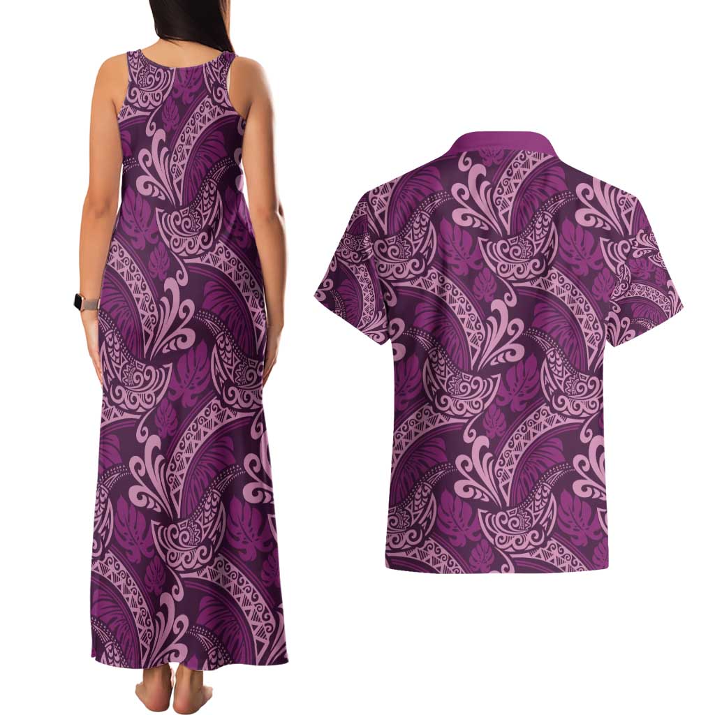 Royal Purple Monstera Couples Matching Tank Maxi Dress and Hawaiian Shirt Polynesian Tribal Pattern LT01 - Polynesian Pride