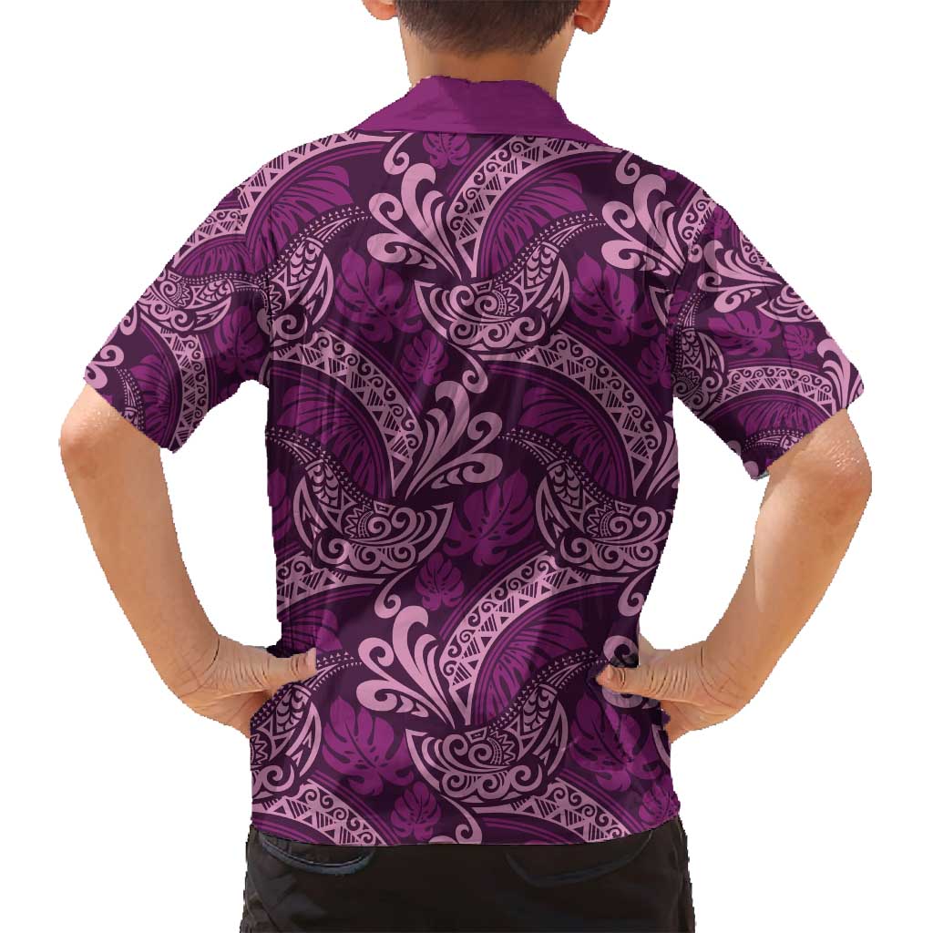 Royal Purple Monstera Family Matching Long Sleeve Bodycon Dress and Hawaiian Shirt Polynesian Tribal Pattern LT01 - Polynesian Pride