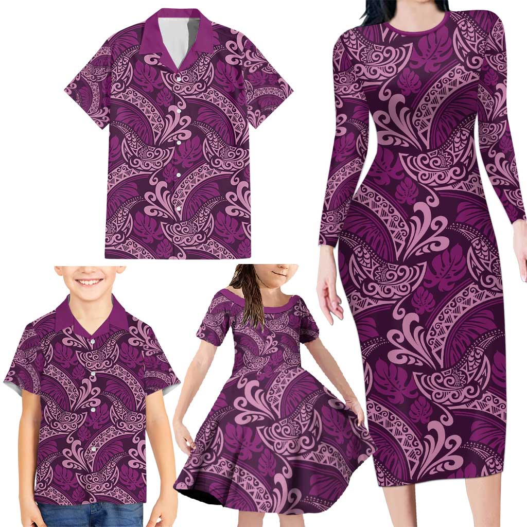 Royal Purple Monstera Family Matching Long Sleeve Bodycon Dress and Hawaiian Shirt Polynesian Tribal Pattern LT01 - Polynesian Pride