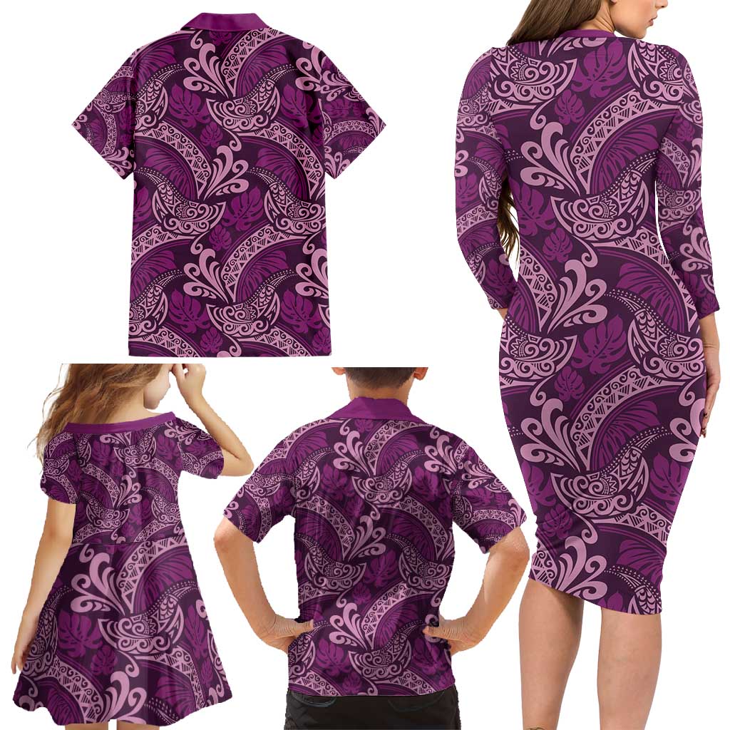 Royal Purple Monstera Family Matching Long Sleeve Bodycon Dress and Hawaiian Shirt Polynesian Tribal Pattern LT01 - Polynesian Pride