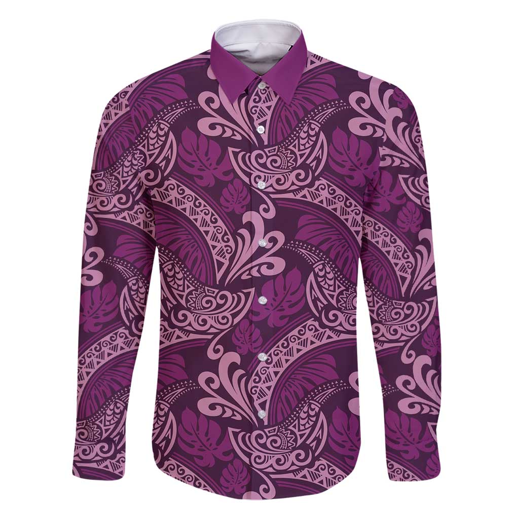 Royal Purple Monstera Family Matching Long Sleeve Bodycon Dress and Hawaiian Shirt Polynesian Tribal Pattern LT01 Dad's Shirt - Long Sleeve Purple - Polynesian Pride