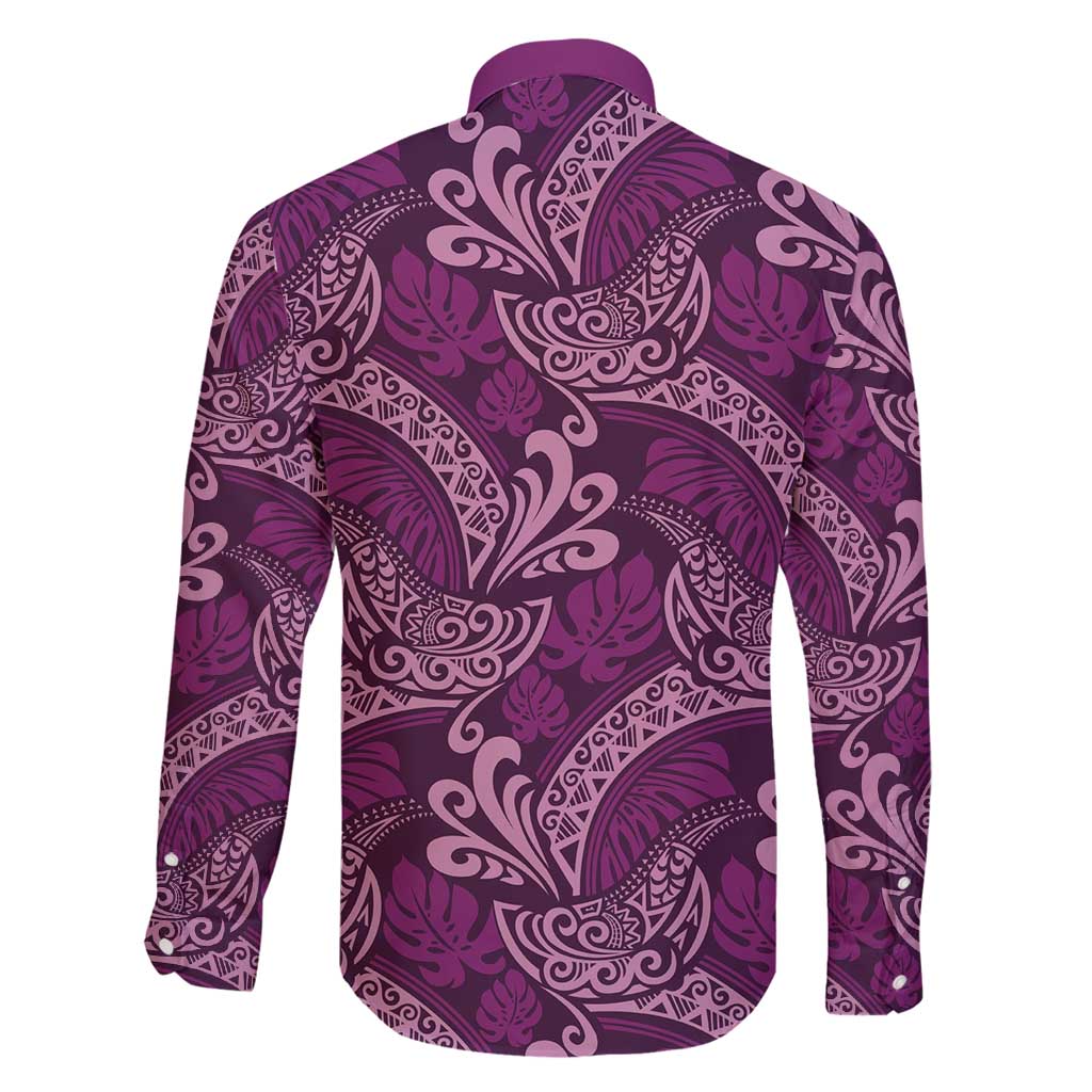 Royal Purple Monstera Family Matching Long Sleeve Bodycon Dress and Hawaiian Shirt Polynesian Tribal Pattern LT01 - Polynesian Pride