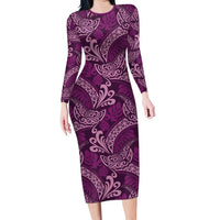 Royal Purple Monstera Family Matching Long Sleeve Bodycon Dress and Hawaiian Shirt Polynesian Tribal Pattern LT01 Mom's Dress Purple - Polynesian Pride