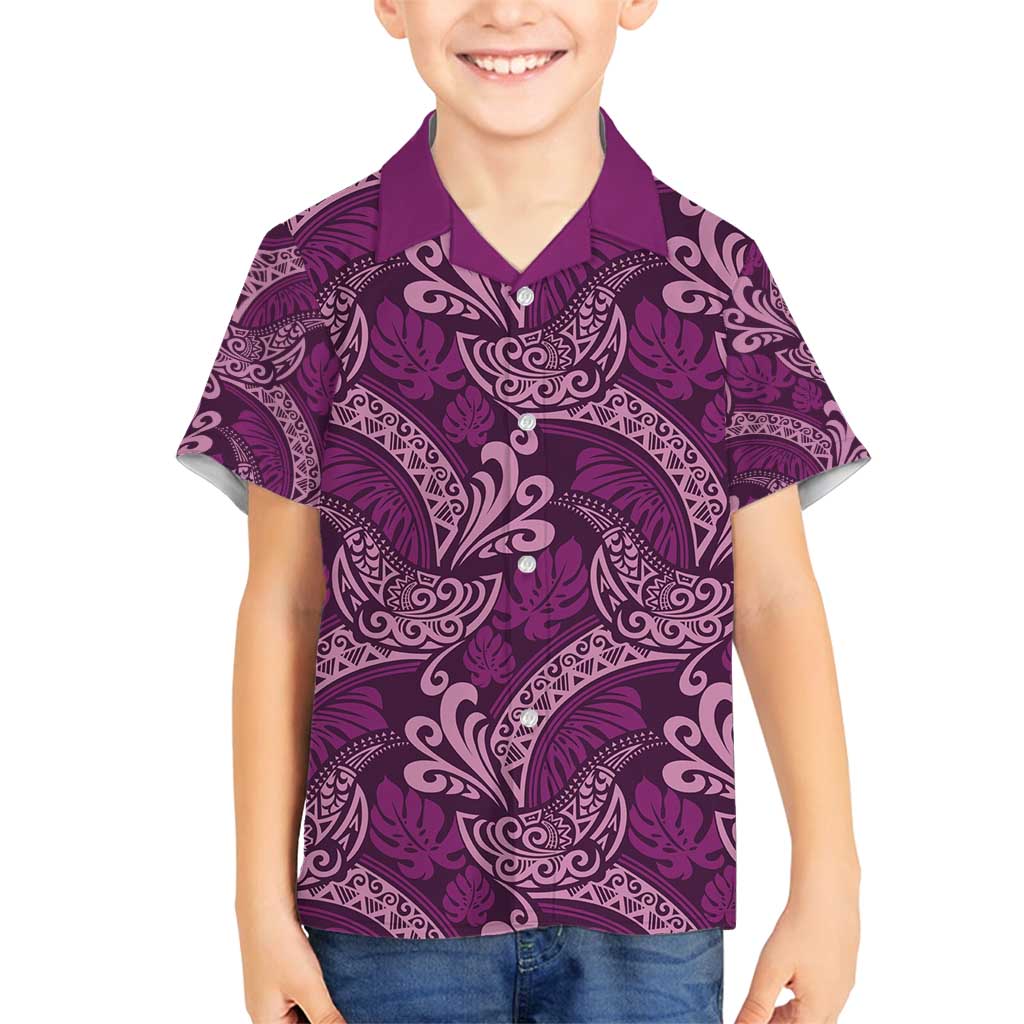 Royal Purple Monstera Family Matching Long Sleeve Bodycon Dress and Hawaiian Shirt Polynesian Tribal Pattern LT01 Son's Shirt Purple - Polynesian Pride