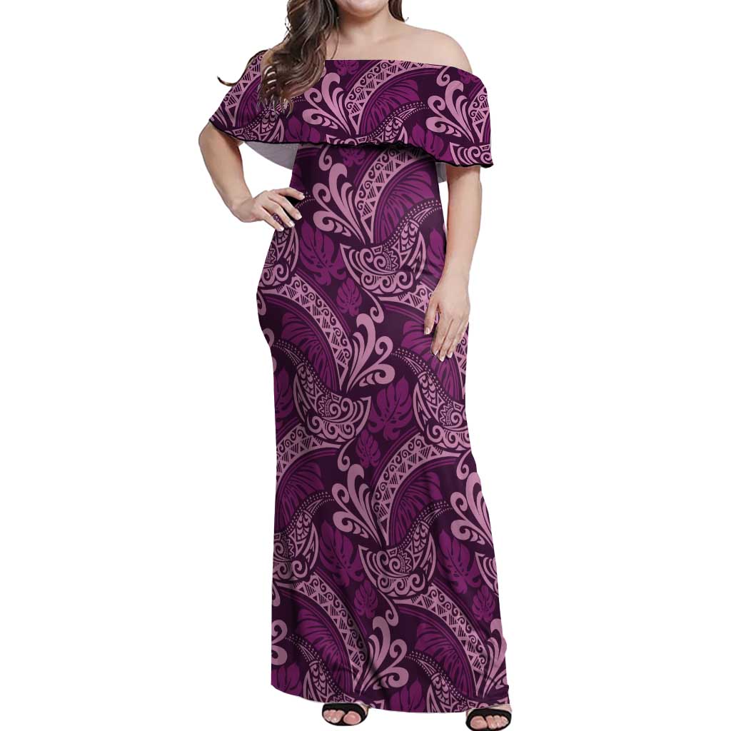 Royal Purple Monstera Off Shoulder Maxi Dress Polynesian Tribal Pattern LT01 Women Purple - Polynesian Pride