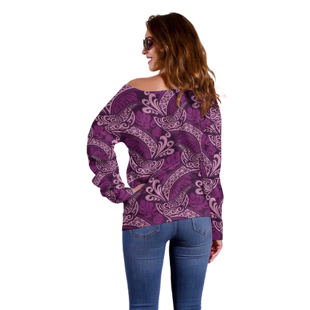 Royal Purple Monstera Off Shoulder Sweater Polynesian Tribal Pattern LT01 - Polynesian Pride