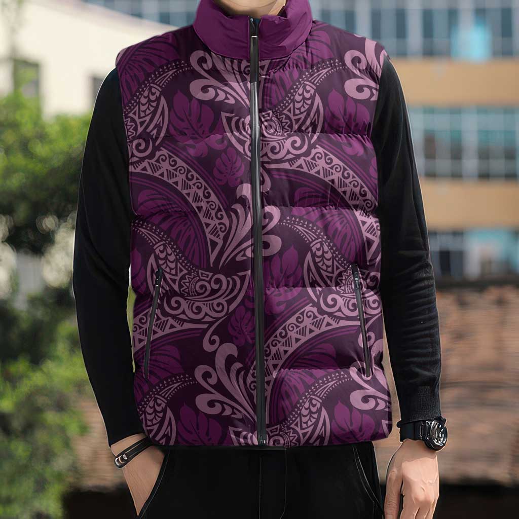 Royal Purple Monstera Sleeveless Puffer Jacket Polynesian Tribal Pattern LT01 - Polynesian Pride