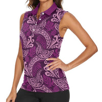 Royal Purple Monstera Women Sleeveless Polo Shirt Polynesian Tribal Pattern LT01 - Polynesian Pride
