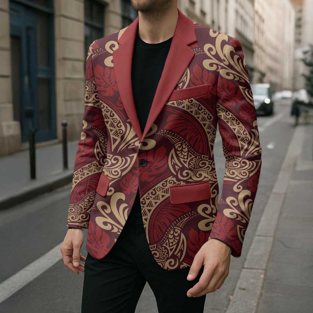 Luxury Red Monstera Blazer Polynesian Tribal Pattern LT01 - Polynesian Pride