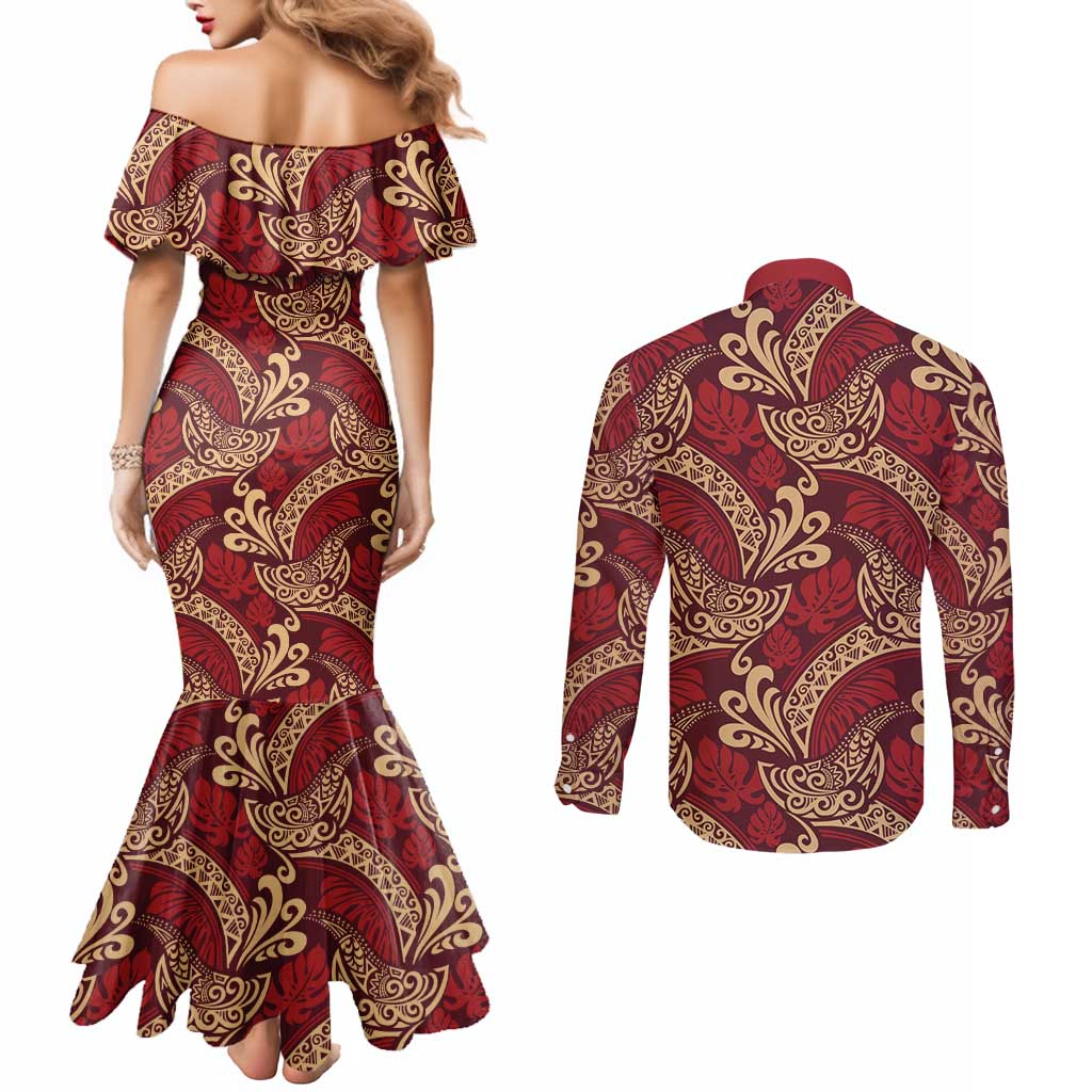 Luxury Red Monstera Couples Matching Mermaid Dress and Long Sleeve Button Shirt Polynesian Tribal Pattern LT01 - Polynesian Pride