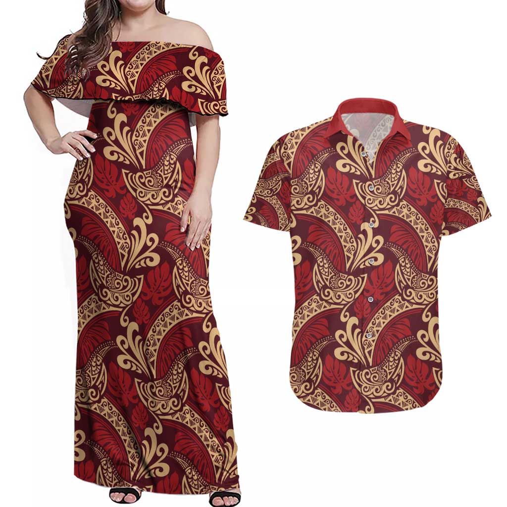 Luxury Red Monstera Couples Matching Off Shoulder Maxi Dress and Hawaiian Shirt Polynesian Tribal Pattern LT01 Red - Polynesian Pride