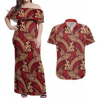 Luxury Red Monstera Couples Matching Off Shoulder Maxi Dress and Hawaiian Shirt Polynesian Tribal Pattern LT01 Red - Polynesian Pride
