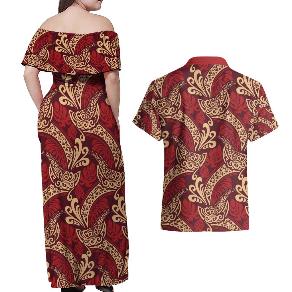 Luxury Red Monstera Couples Matching Off Shoulder Maxi Dress and Hawaiian Shirt Polynesian Tribal Pattern LT01 - Polynesian Pride