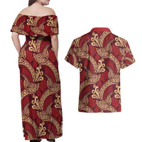 Luxury Red Monstera Couples Matching Off Shoulder Maxi Dress and Hawaiian Shirt Polynesian Tribal Pattern LT01 - Polynesian Pride
