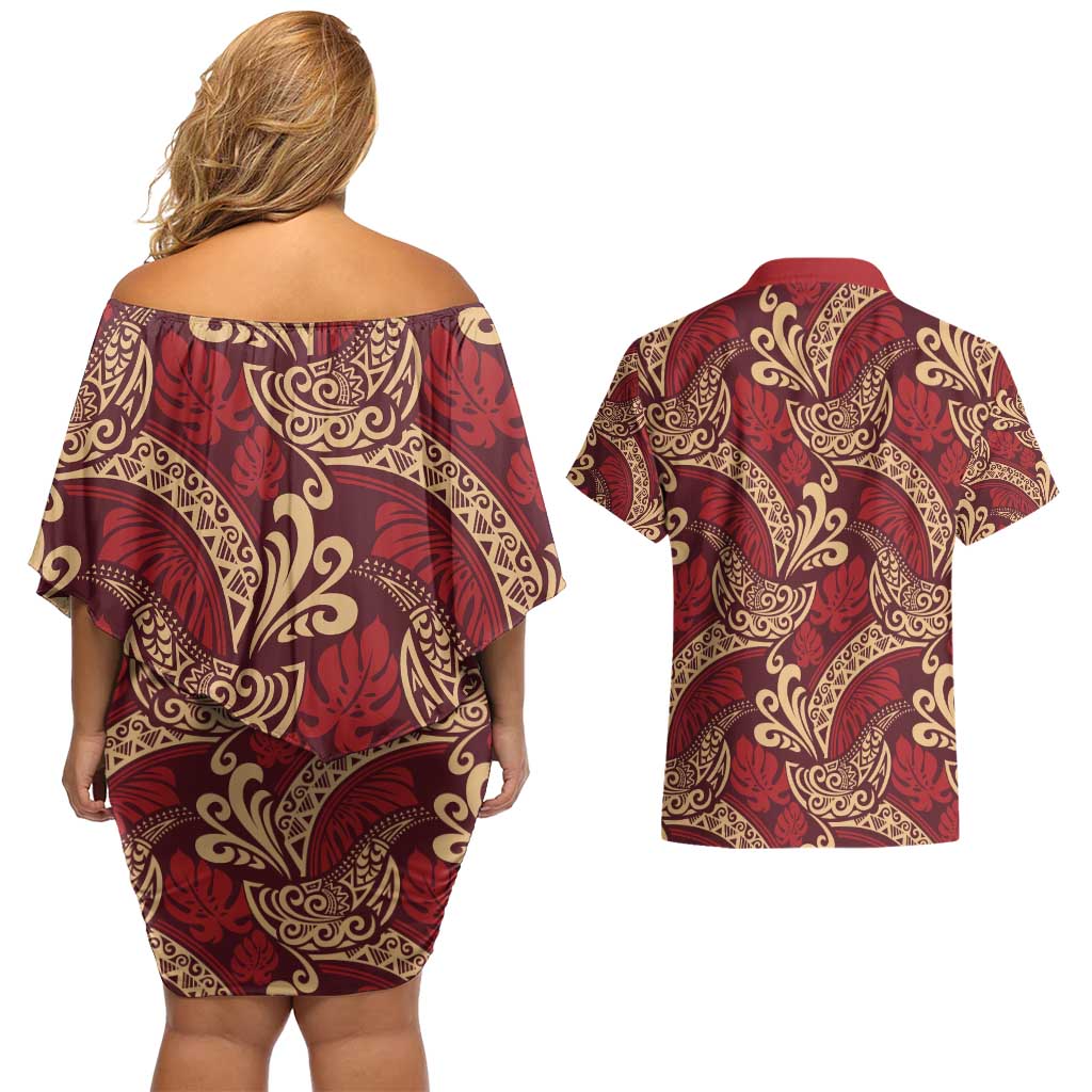 Luxury Red Monstera Couples Matching Off Shoulder Short Dress and Hawaiian Shirt Polynesian Tribal Pattern LT01 - Polynesian Pride