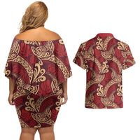Luxury Red Monstera Couples Matching Off Shoulder Short Dress and Hawaiian Shirt Polynesian Tribal Pattern LT01 - Polynesian Pride
