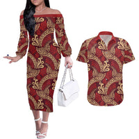 Luxury Red Monstera Couples Matching Off The Shoulder Long Sleeve Dress and Hawaiian Shirt Polynesian Tribal Pattern LT01 Red - Polynesian Pride