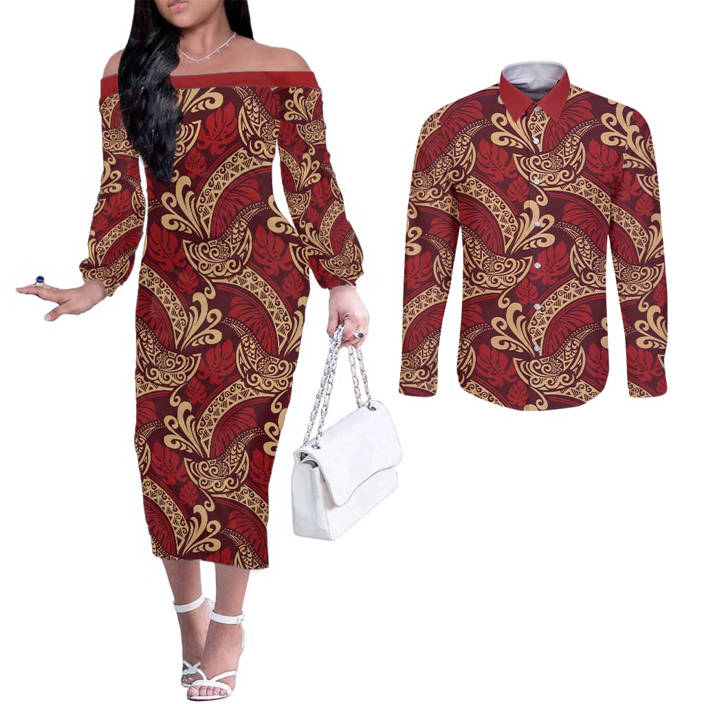 Luxury Red Monstera Couples Matching Off The Shoulder Long Sleeve Dress and Long Sleeve Button Shirt Polynesian Tribal Pattern - Polynesian Pride