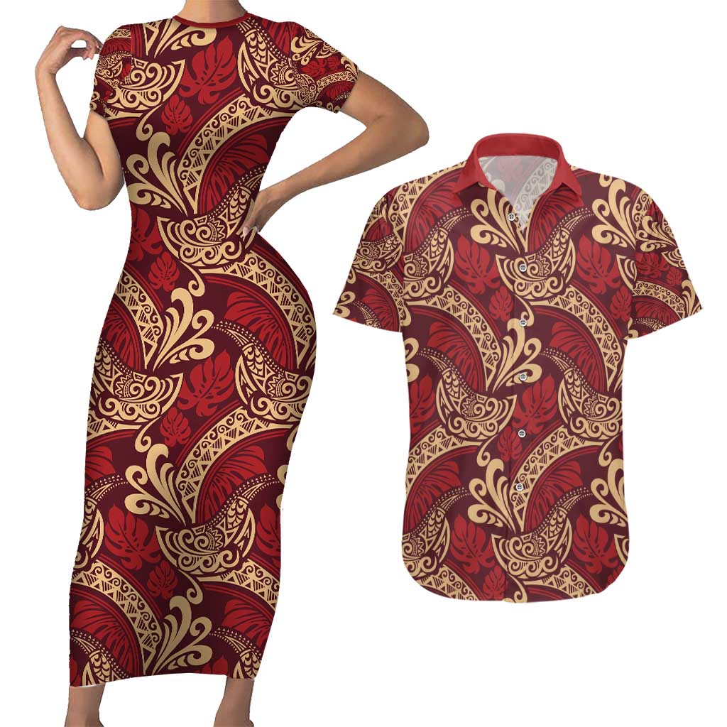 Luxury Red Monstera Couples Matching Short Sleeve Bodycon Dress and Hawaiian Shirt Polynesian Tribal Pattern LT01 Red - Polynesian Pride
