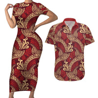 Luxury Red Monstera Couples Matching Short Sleeve Bodycon Dress and Hawaiian Shirt Polynesian Tribal Pattern LT01 Red - Polynesian Pride