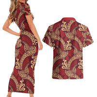 Luxury Red Monstera Couples Matching Short Sleeve Bodycon Dress and Hawaiian Shirt Polynesian Tribal Pattern LT01 - Polynesian Pride