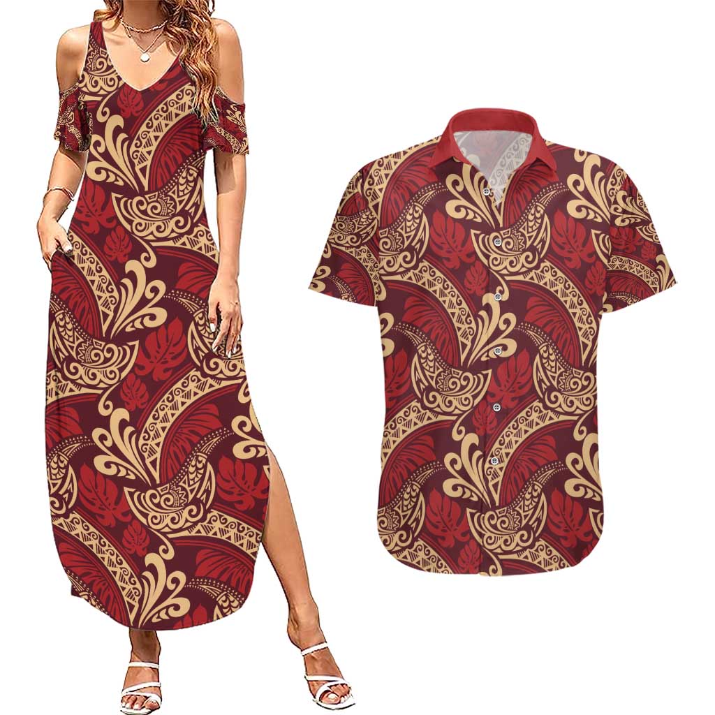 Luxury Red Monstera Couples Matching Summer Maxi Dress and Hawaiian Shirt Polynesian Tribal Pattern LT01 Red - Polynesian Pride