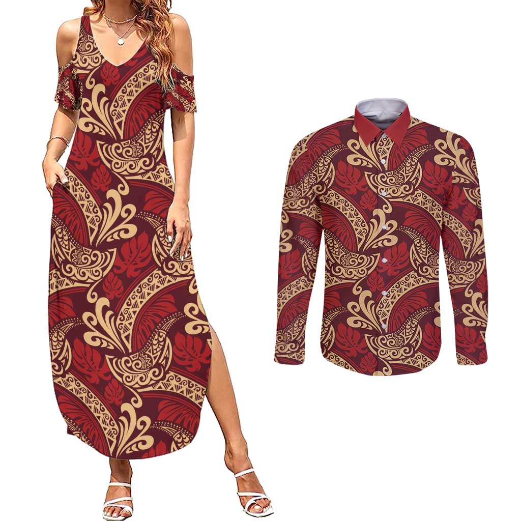 Luxury Red Monstera Couples Matching Summer Maxi Dress and Long Sleeve Button Shirt Polynesian Tribal Pattern LT01 Red - Polynesian Pride