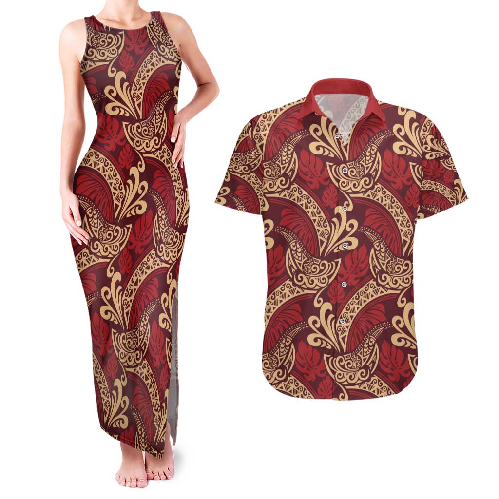 Luxury Red Monstera Couples Matching Tank Maxi Dress and Hawaiian Shirt Polynesian Tribal Pattern LT01 Red - Polynesian Pride
