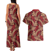 Luxury Red Monstera Couples Matching Tank Maxi Dress and Hawaiian Shirt Polynesian Tribal Pattern LT01 - Polynesian Pride