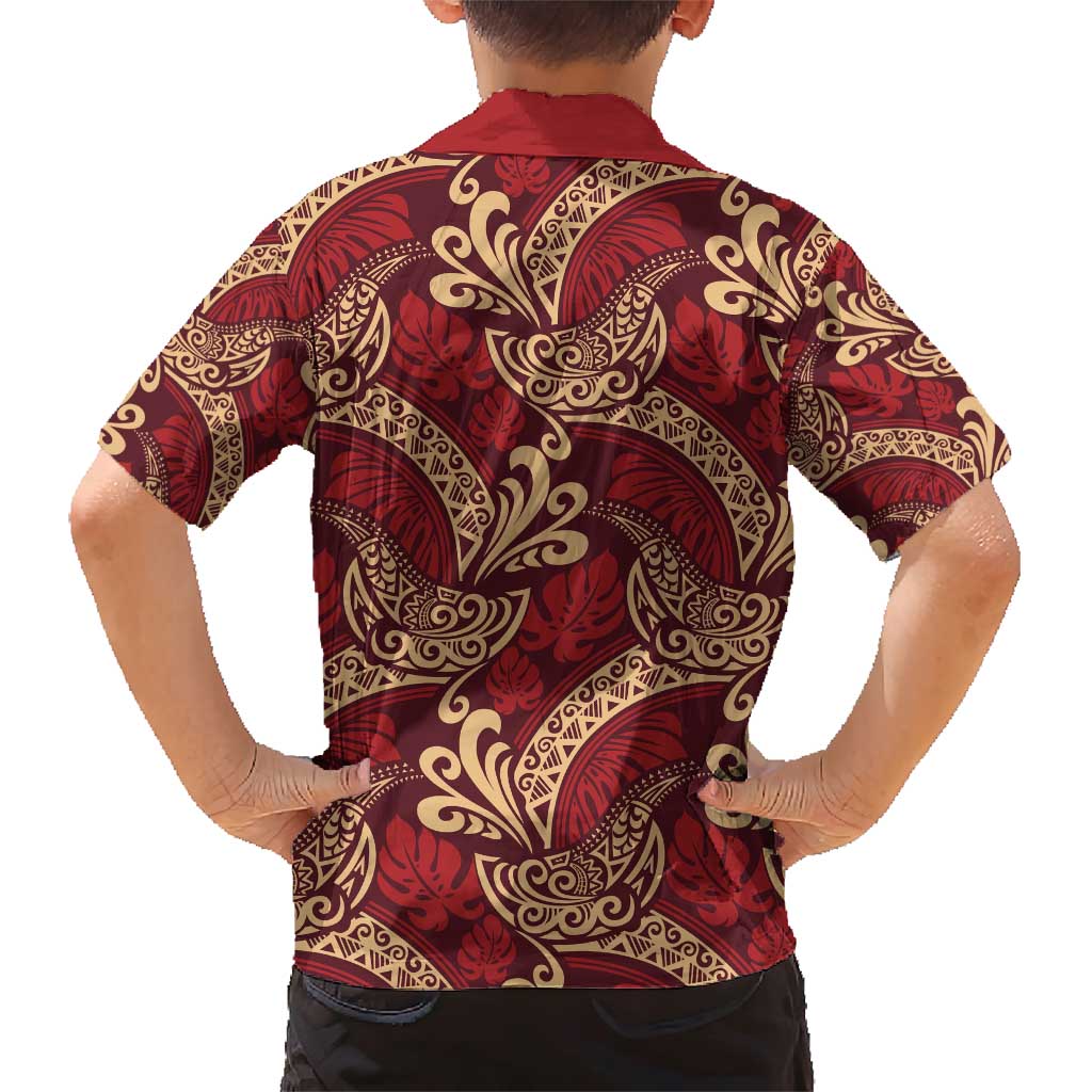 Luxury Red Monstera Family Matching Short Sleeve Bodycon Dress and Hawaiian Shirt Polynesian Tribal Pattern LT01 - Polynesian Pride