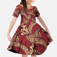 Luxury Red Monstera Family Matching Short Sleeve Bodycon Dress and Hawaiian Shirt Polynesian Tribal Pattern LT01 Daughter's Dress Red - Polynesian Pride