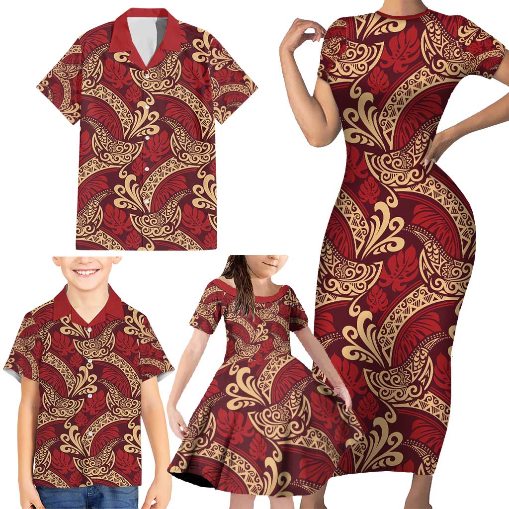 Luxury Red Monstera Family Matching Short Sleeve Bodycon Dress and Hawaiian Shirt Polynesian Tribal Pattern LT01 - Polynesian Pride