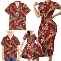 Luxury Red Monstera Family Matching Short Sleeve Bodycon Dress and Hawaiian Shirt Polynesian Tribal Pattern LT01 - Polynesian Pride