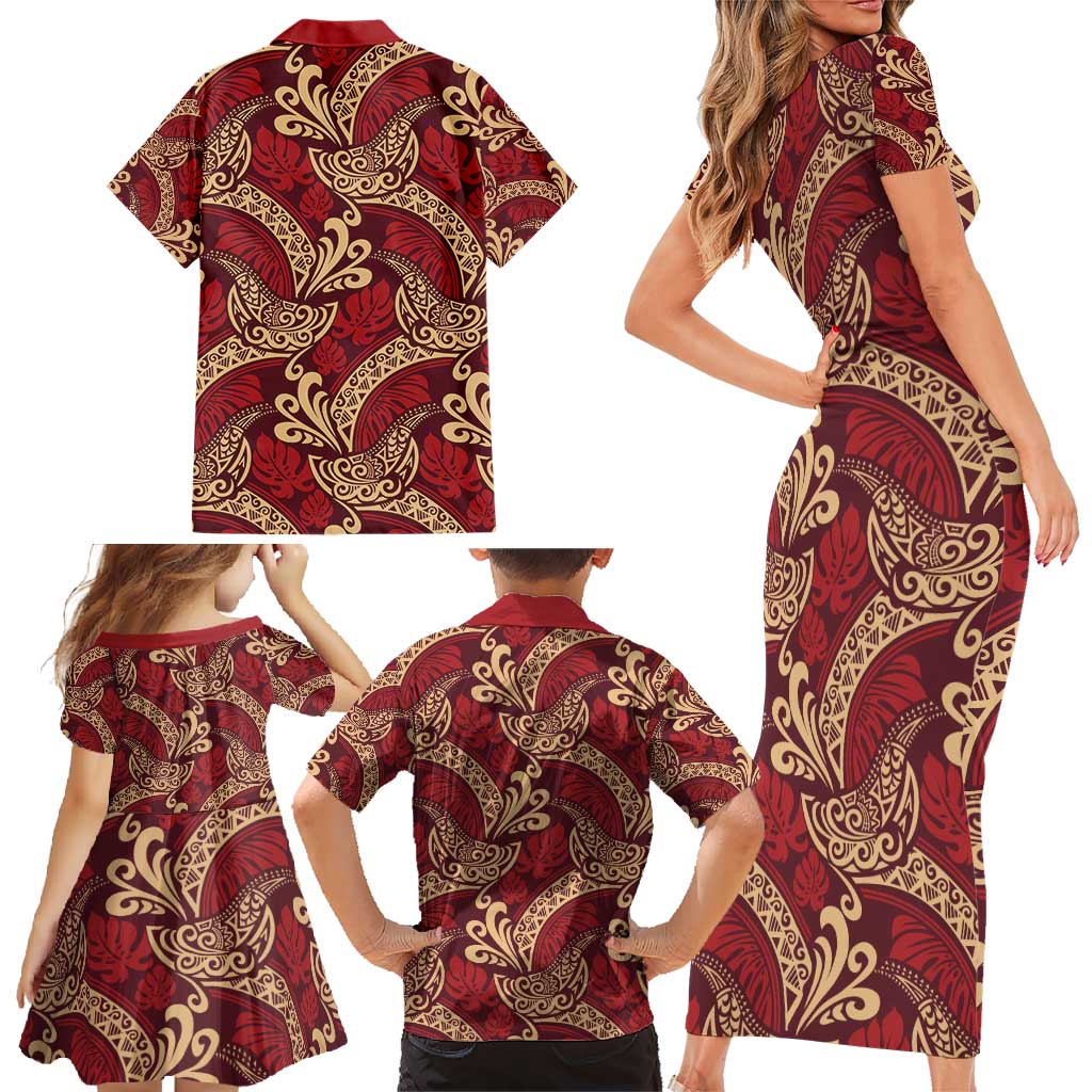 Luxury Red Monstera Family Matching Short Sleeve Bodycon Dress and Hawaiian Shirt Polynesian Tribal Pattern LT01 - Polynesian Pride