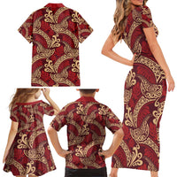 Luxury Red Monstera Family Matching Short Sleeve Bodycon Dress and Hawaiian Shirt Polynesian Tribal Pattern LT01 - Polynesian Pride