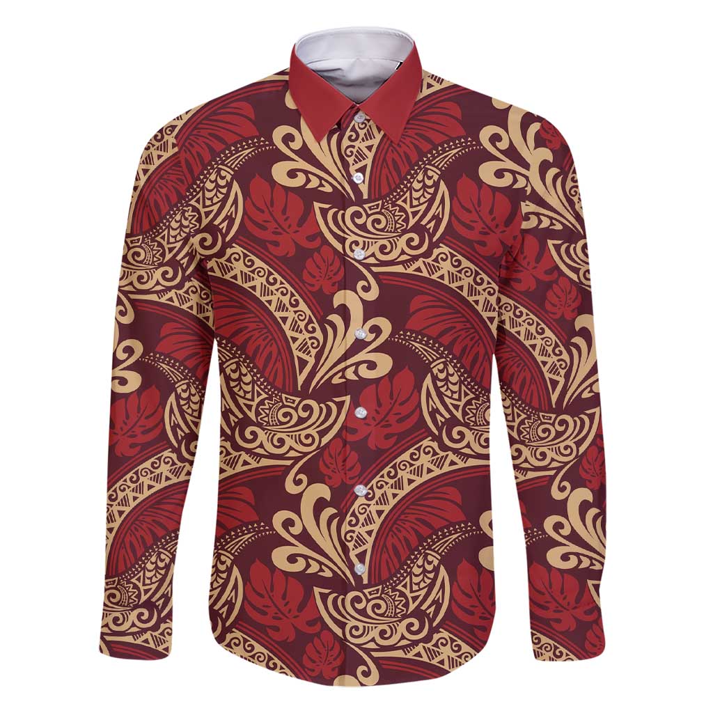 Luxury Red Monstera Family Matching Short Sleeve Bodycon Dress and Hawaiian Shirt Polynesian Tribal Pattern LT01 Dad's Shirt - Long Sleeve Red - Polynesian Pride