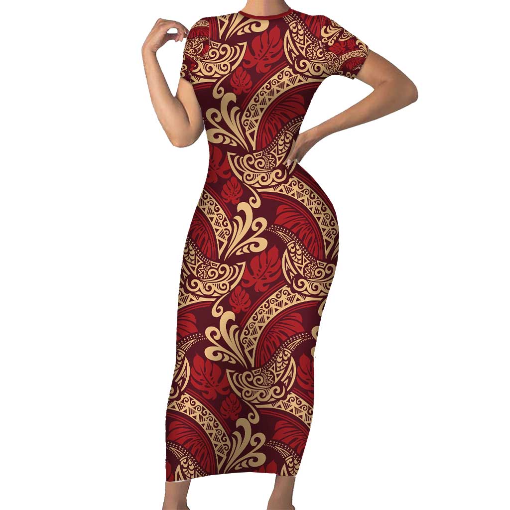 Luxury Red Monstera Family Matching Short Sleeve Bodycon Dress and Hawaiian Shirt Polynesian Tribal Pattern LT01 Mom's Dress Red - Polynesian Pride