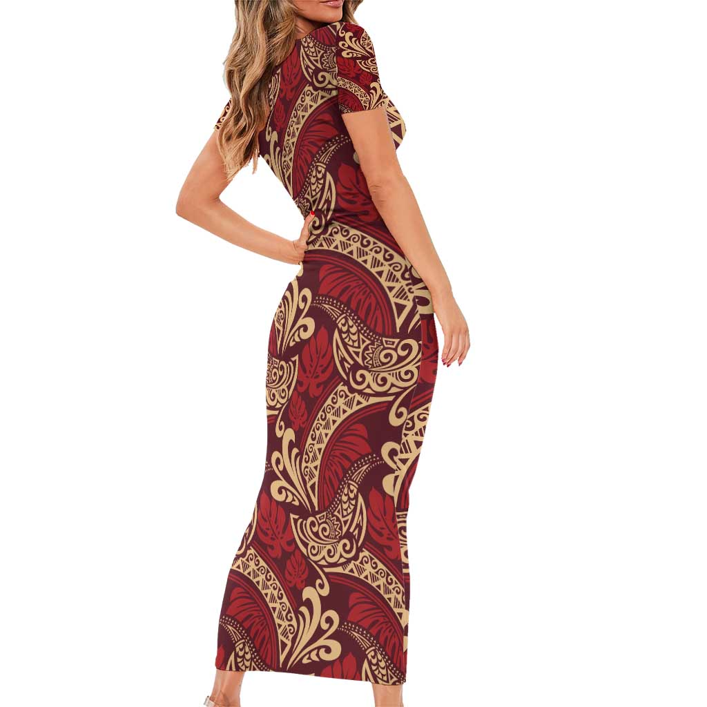 Luxury Red Monstera Family Matching Short Sleeve Bodycon Dress and Hawaiian Shirt Polynesian Tribal Pattern LT01 - Polynesian Pride