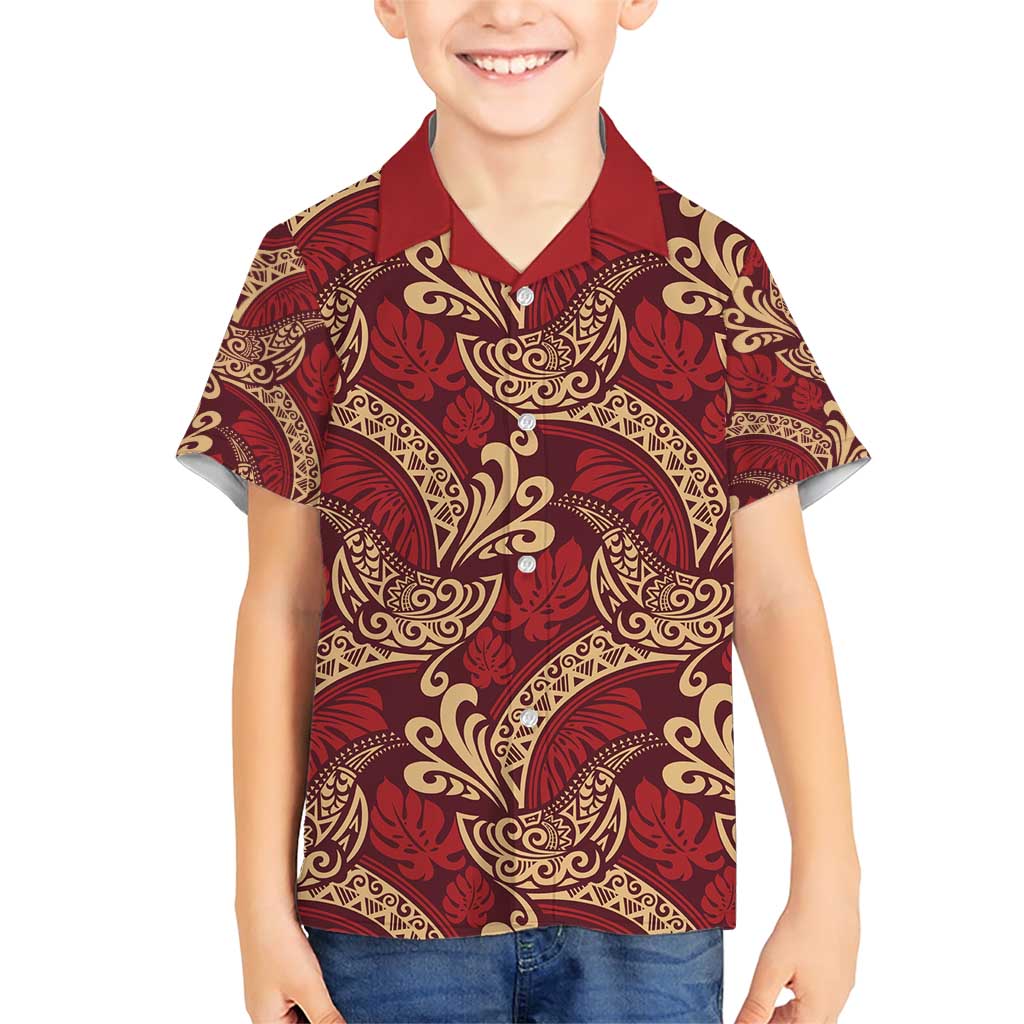 Luxury Red Monstera Family Matching Short Sleeve Bodycon Dress and Hawaiian Shirt Polynesian Tribal Pattern LT01 Son's Shirt Red - Polynesian Pride