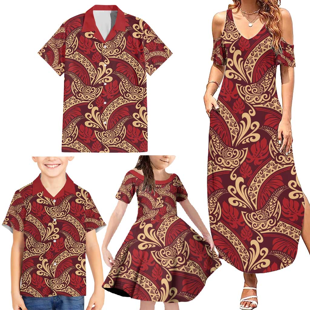Luxury Red Monstera Family Matching Summer Maxi Dress and Hawaiian Shirt Polynesian Tribal Pattern LT01 - Polynesian Pride