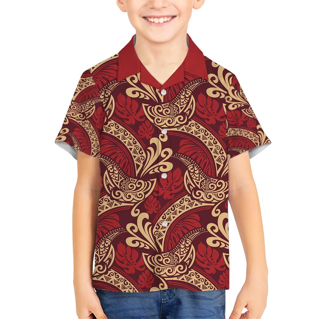 Luxury Red Monstera Family Matching Summer Maxi Dress and Hawaiian Shirt Polynesian Tribal Pattern - Polynesian Pride