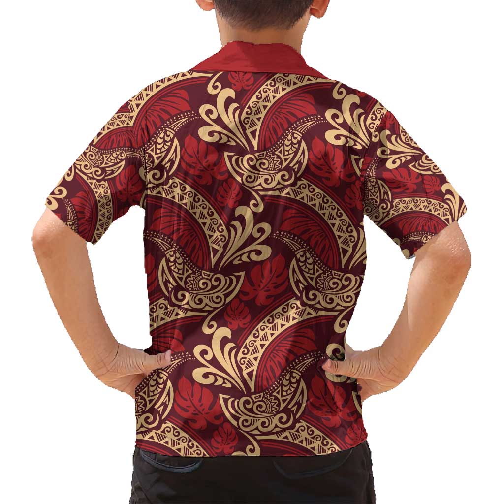 Luxury Red Monstera Family Matching Tank Maxi Dress and Hawaiian Shirt Polynesian Tribal Pattern - Polynesian Pride