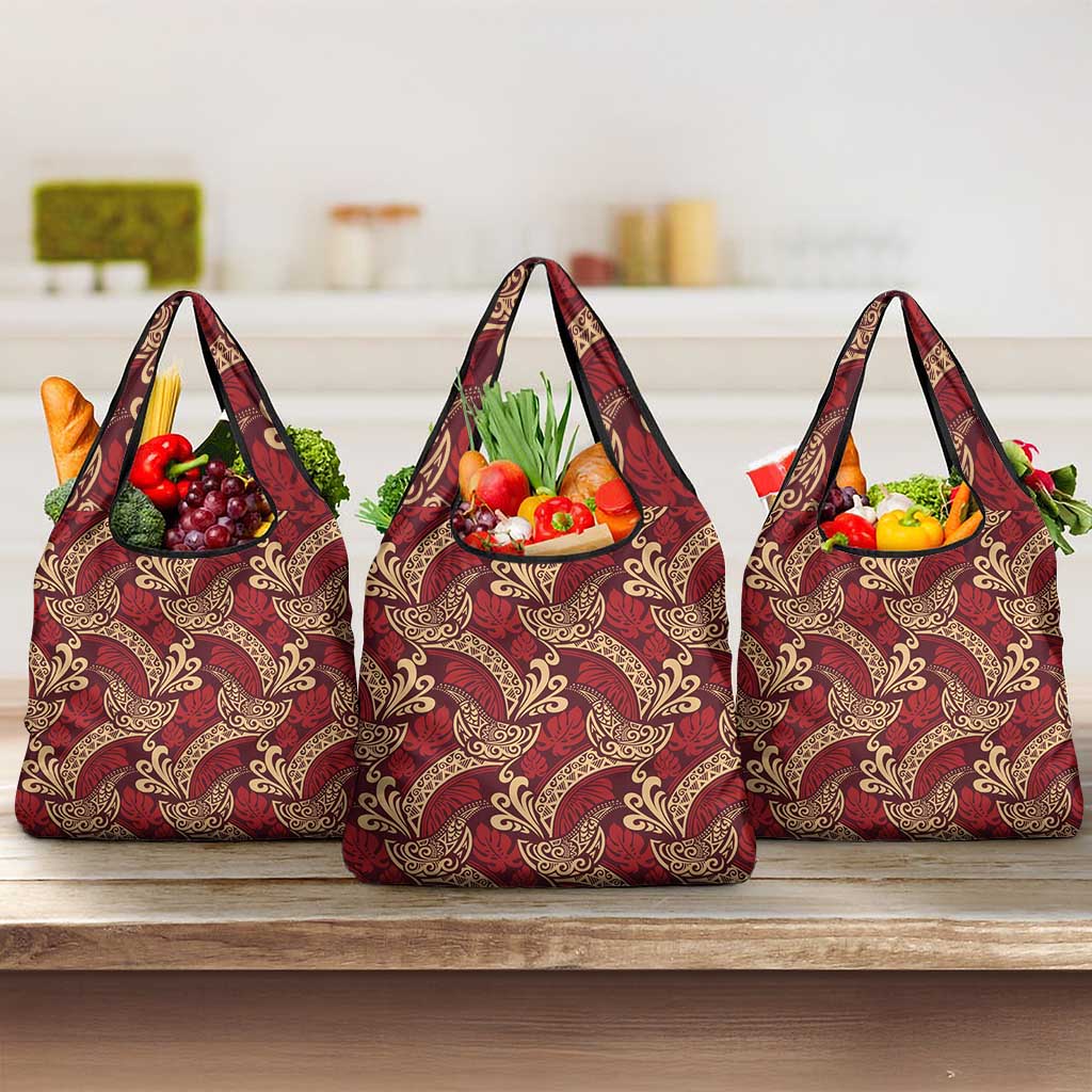 Luxury Red Monstera Grocery Bag Polynesian Tribal Pattern LT01 3-pack One Size Red - Polynesian Pride
