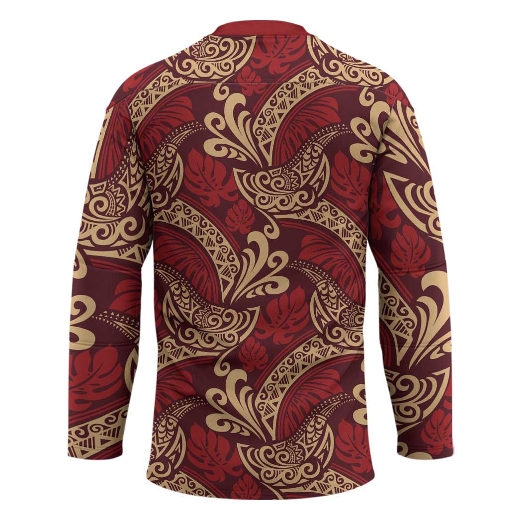 Luxury Red Monstera Hockey Jersey Polynesian Tribal Pattern - Polynesian Pride